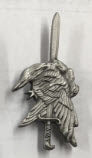 DISCHARGE - NEVER AGAIN CUT OUT ENAMEL PIN BADGE