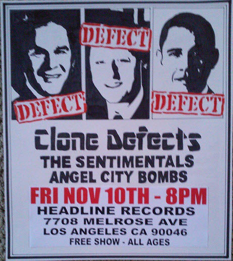 HEADLINE FLYER - CLONE DEFECTS / ANGEL CITY BOMBS (COLOR)