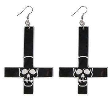 EARRING - INVERTED CROSS EARRING SKULL BLACK