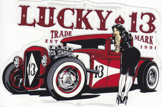 LUCKY 13 STICKER - RED CUSTOM W/ GIRL STICKER