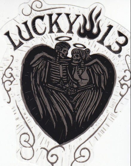 LUCKY 13 STICKER - HEART W/ MARRIED SKELETONS STICKER